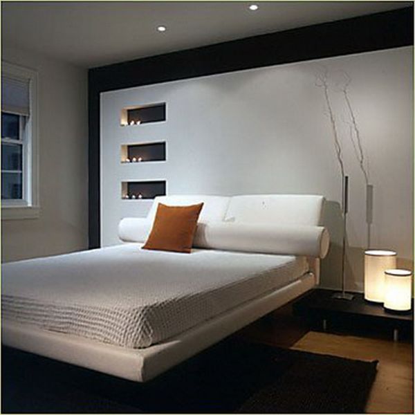 Bedroom,Cool Stylish White Ceiling Small Designer Bedroom With Exquisite White Platform Bed On Combined Comfortable White Bed Sheet And Soft White Pillows Also Cool Black Bedside Table Plus Picturesque Cream Drum Table Lamps,The Best Modern Small Designer Bedrooms