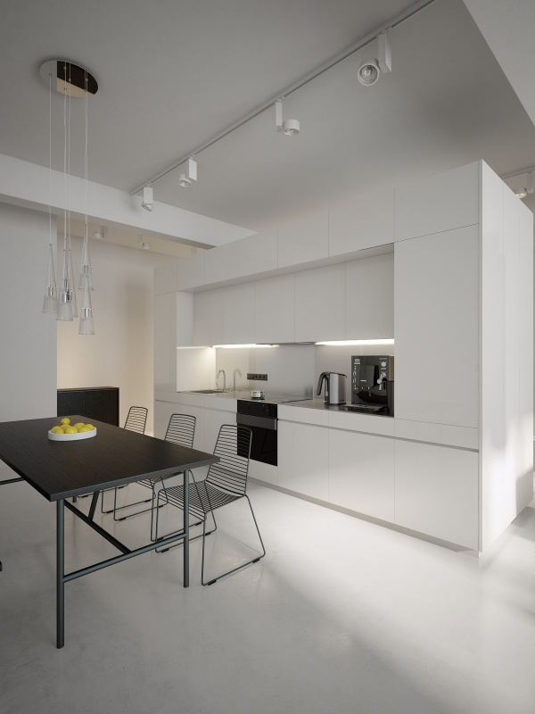 Furniture,Picturesque White Wall Paint Minimal Kitchen Design Inspiration With Charming Black Dining Table And Cool Iron Dining Chairs Also Stunning Glass Pendant Lamps,Plush Minimal Kitchen Design Ideas