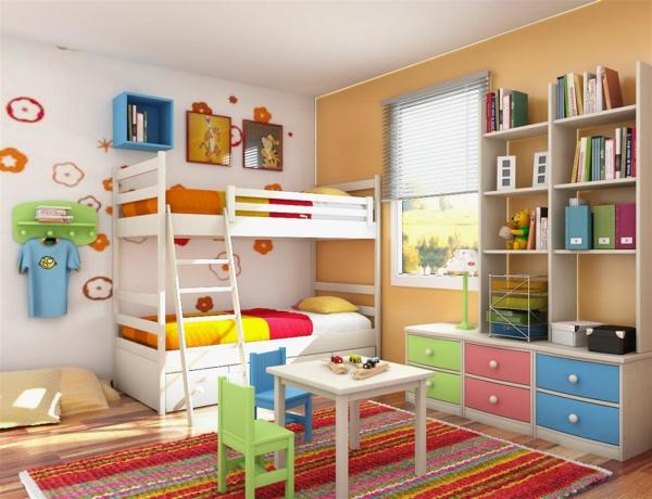 Bedroom,Delightful White Mixed Beige Wall Paint Children Bedroom Design Inspiration With Charming Bunk Bed In Nice White Wood Bed Frame On Combined Cool Under Drawers Bed And Gorgeous White Square Table Plus Cozy Green Wood Chair Also Beautiful Open Book Shelves,Cool Stylish With Themed Children Bedroom Designs