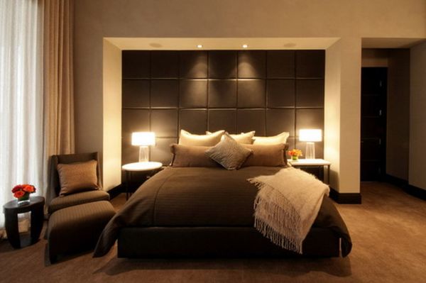 Bedroom,Pretentious Cream Wall Color For Small Room Design Inspiration With Cool Dark Brown Leather Bed Frame On Combined Comfortable Brown Bed Cover And Soft Brown Leather Wall Panel Also Gorgeous Two White Round Bedside Table Plus Double Table Lamp,Cool Wall Colors For Small Rooms