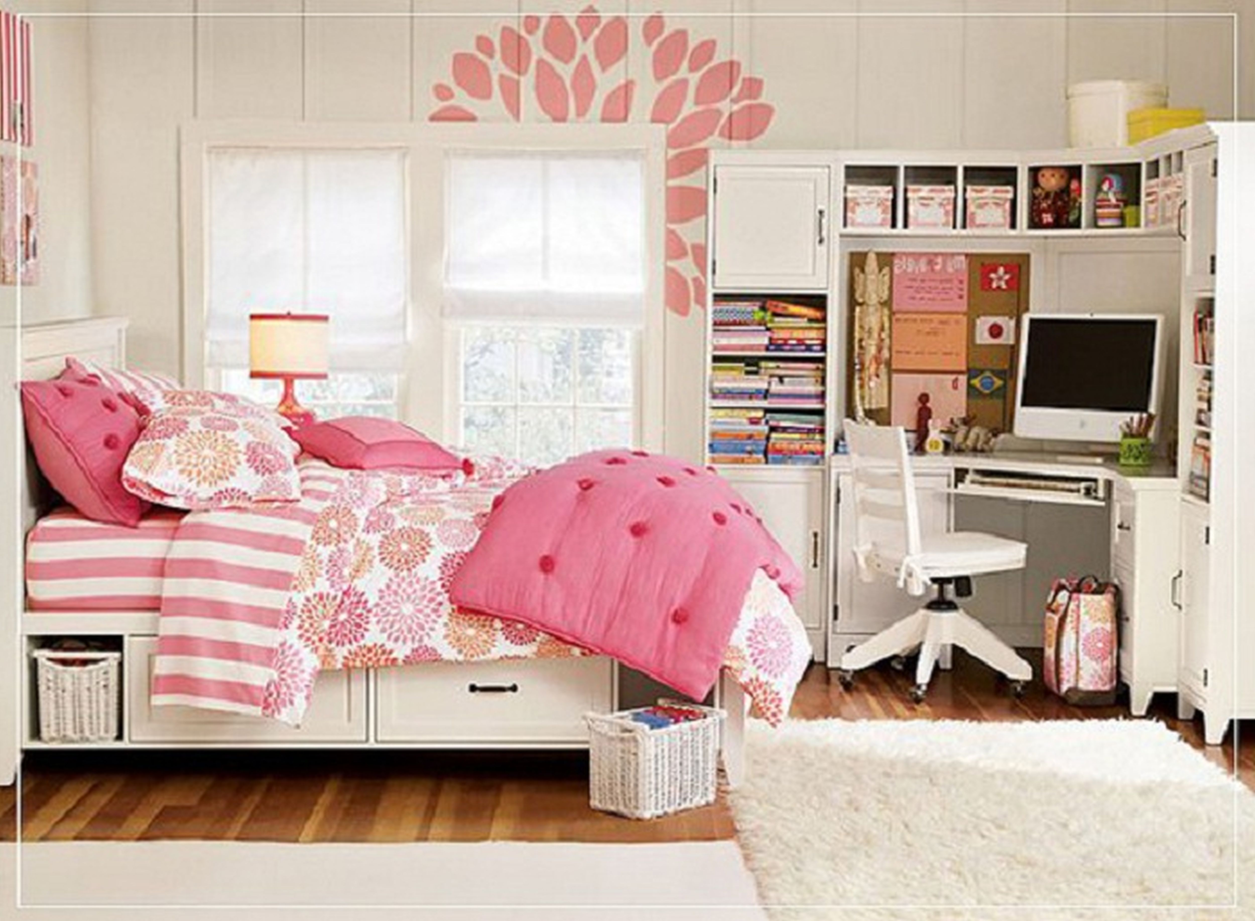 Bedroom,Splendid White Mixed Pink Wall Room Painting Ideas With Gorgeous White Bed Frame On Combined Cool Under Storage Bed Plus Soft White Pink Stripe Mattress Also Stylish Corner Study Space ,Trendy Cute Room Painting Ideas