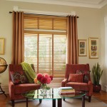 Interior,Modern Red Sofa And Beautiful Glass Round Table Also Adorable White Bookshelf With Contemporary Custom Wood Blind Design Ideas On Combined Cream Curtain,Dazzling Custom Wood Blinds Ideas