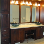 Bathroom,Picturesque Small Chic Fixture Wall Light Design Ideas With Awesome Dark Brown Wood Bathroom Vanity Cabinet And Stylish Dark Blue Double Bowl Washbasin Combined Nice White Marble Countertop Plus Cool Stainless Steel Bathroom Faucets Also Gorgeous Great Wall Mirror,Classic Wall Lights Inside Bathroom