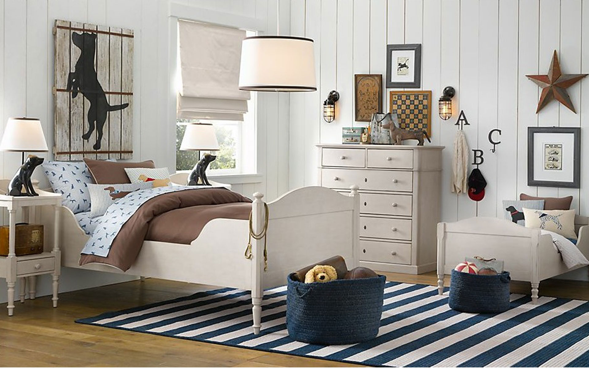 Bedroom,Good Looking White Wood Linen Wall Kid Picture Ideas With Amazing White Wood Bed Frame And Nice White Wood Bedside Table Plus Soft White Blue Navy Striped Rug On Combined Trendy Brown Wood Floor Also Gorgeous Oversized White Drum Pendant Lamp For Retro Concept,Cute And Delightful Bedrooms Kid Picture Ideas