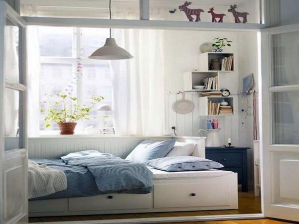 Bedroom,Cool Furniture Ideas For Small Bedroom With Stylish Day Bed In White Bed Frame And Cool Under Drawers Bed Also Creative Open Book Shelf Plus Wonderful Hanging Lamp,The Best Furniture Ideas For Small Bedrooms