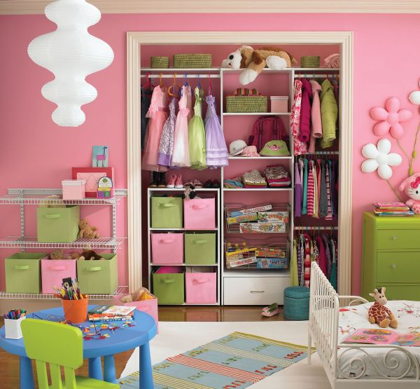 Bedroom,Cute Pink Wall Paint Storage For Small Bedroom Design Ideas With Charming White Iron Bed Frame On Combined Comfortable White Bed Sheet And Cool Open Closet Plus Nice Open Storage Shelves Also Pretty Blue Round Table,Modern Storage For Small Bedroom Inspiration