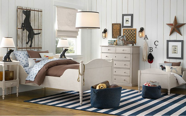 Bedroom,Good Looking White Wood Linen Wall Kid Picture Ideas With Amazing White Wood Bed Frame And Nice White Wood Bedside Table Plus Soft White Blue Navy Striped Rug On Combined Trendy Brown Wood Floor Also Gorgeous Oversized White Drum Pendant Lamp For Retro Concept,Cute And Delightful Bedrooms Kid Picture Ideas