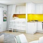 Furniture,Awesome White Yellow Themed Ikea Small Kitchen Design With Unusual White Wood Kitchen Cabinet And Contemporary Corner Loft Bed Plus Soft White Curtains Also Nice Gray Fur Rug On Combined Adorable Bright Wood Floor,Contemporary Ikea Small Kitchen Design Idea