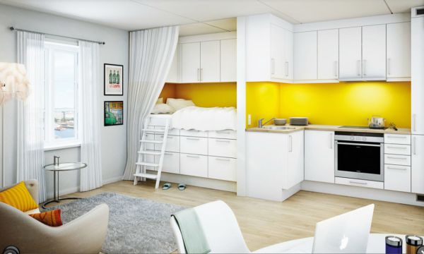 Furniture,Awesome White Yellow Themed Ikea Small Kitchen Design With Unusual White Wood Kitchen Cabinet And Contemporary Corner Loft Bed Plus Soft White Curtains Also Nice Gray Fur Rug On Combined Adorable Bright Wood Floor,Contemporary Ikea Small Kitchen Design Idea