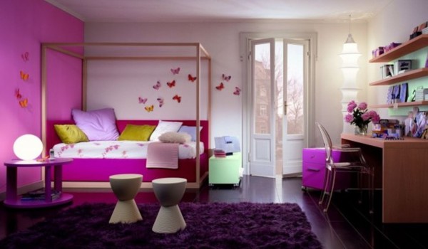 Bedroom,Delightful Purple Mixed White Wall Paint Bedroom Ideas For Girls With Stylish Canopy Bed And Wonderful Brown Wood Study Table Plus Comfortable White Transparent Acrylic Chair Also Modern Purple Fur Rug,Fresh Bedroom Ideas For Girls