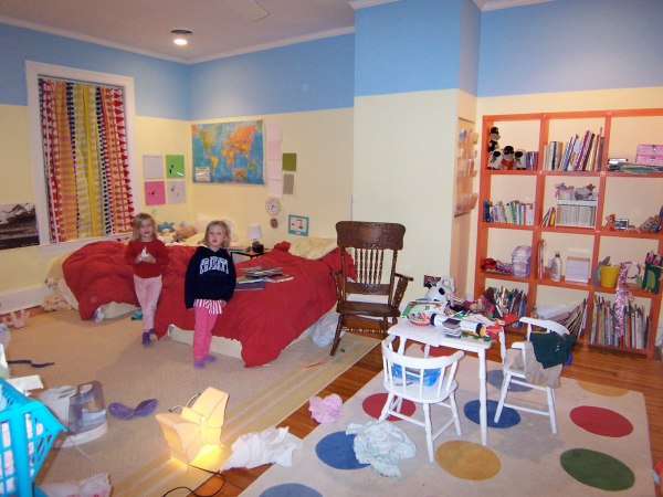 Bedroom,Breathtaking Blue Mixed Cream Wall Paint Children Bedroom Design With Nice Twins Bed And Antique Brown Wood Height Chair Plus Comfortable Play Room Also Wonderful Brown Wood Open Book Shelves,Cool Stylish With Themed Children Bedroom Designs