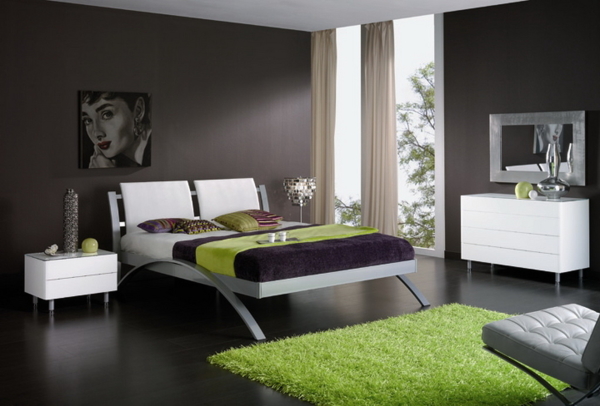 Bedroom,Extraordinary Dark Wall Color For Small Room Design Ideas With Beautiful White Mattress On Combined Unique Curved Legs In Silver Color And Gorgeous White Wood Nightstand Table Also Soft Green Fur Rug Plus Charming Black Tile Floor ,Cool Wall Colors For Small Rooms