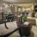 Furniture,Charming Open Plan Furniture Small Space Design With Stylish Cream Fabric Sectional Sofa And Gorgeous Oval Dark Brown Table Also Cool Glass Dining Table Plus Cozy Black Wood Dining Chairs On Combined Trendy Dark Brown Laminate Flooring,Modern Living Room Design With Comfortable Furniture Small Spaces