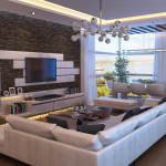 Apartments,Marvelous Brick Stone Wall Panels Bachelor Apartment Design Ideas With Luxurious White Sectional Sofa On Combined Nice Laminate Flooring And Modern Entertainment Tv Plus Cool Breakfast Nook Also Gorgeous Glass Sliding Door ,Exceptional Bachelor Apartment Designs