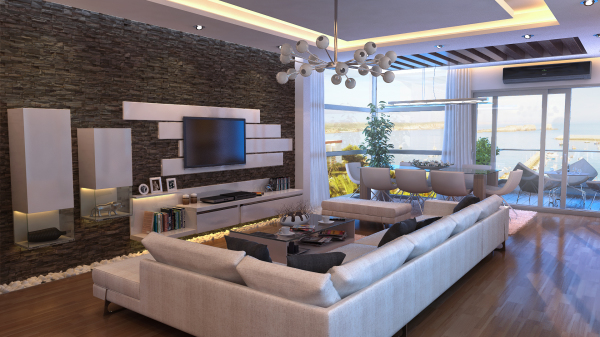 Apartments,Marvelous Brick Stone Wall Panels Bachelor Apartment Design Ideas With Luxurious White Sectional Sofa On Combined Nice Laminate Flooring And Modern Entertainment Tv Plus Cool Breakfast Nook Also Gorgeous Glass Sliding Door ,Exceptional Bachelor Apartment Designs