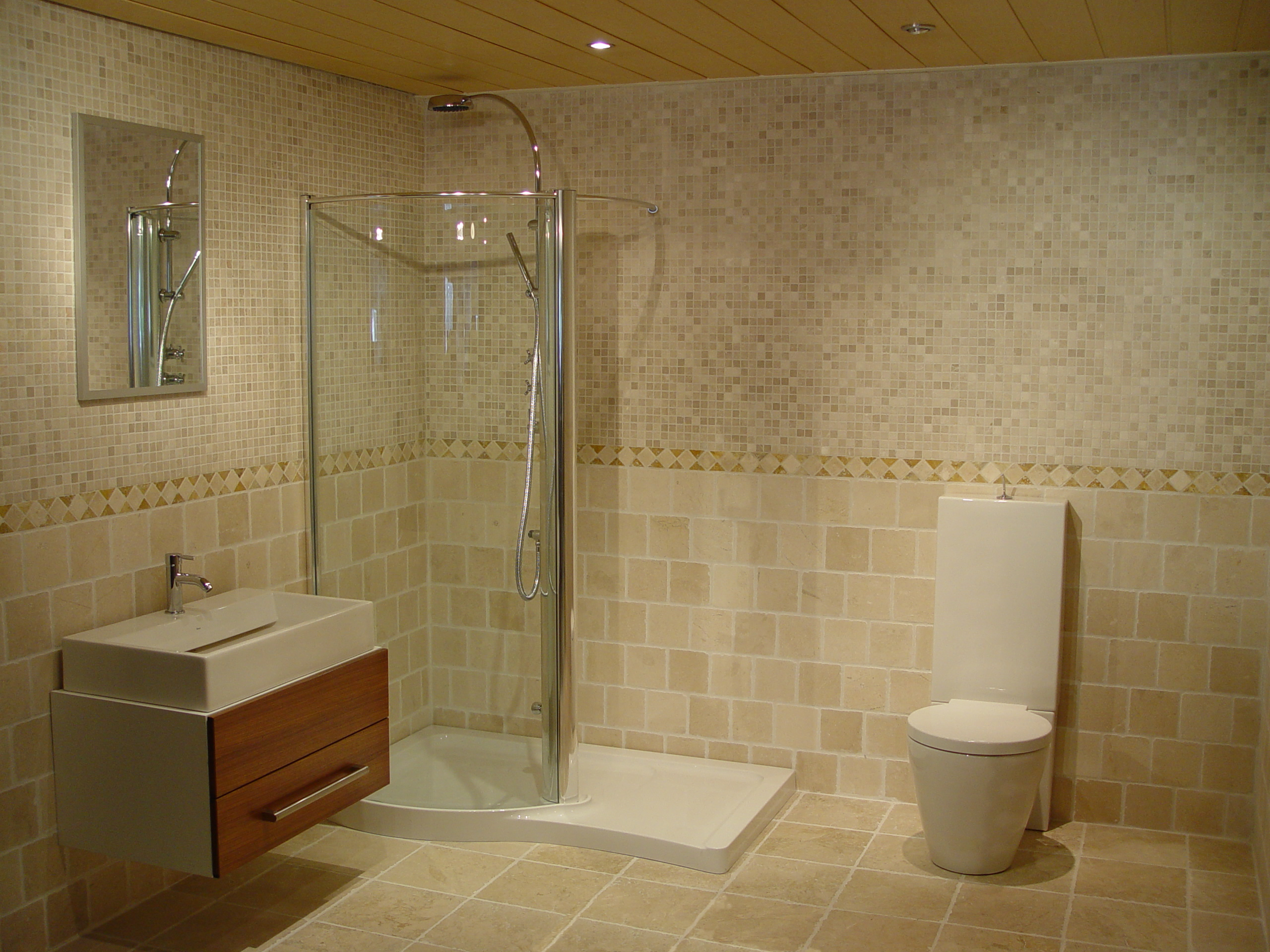 Bathroom,Enticing Large Space Bathroom 2011 Design Ideas With Charming Floating Bathroom Vanity On Conbined Nice White Vessel Sink And Stylish Corner Shower Enclosures Plus Cool Stainless Shower Head Also Comfortable Height White Ceramic Toilet,Perfect Bathrooms 2011 Design Modern