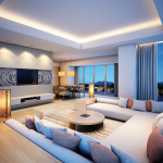 Furniture,Enticing Large Space Sitting Room Decoration With Gorgeous Gray Sofa Bed On Combined Soft Cushions Plus Modern Bright Wood Round Coffe Table And Luxurious Tv Wall Units Also Romantic Breakfast Nook,Some Fancy Sitting Rooms