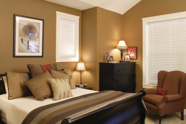 Bedroom,Stunning Tan Wall Color For Small Room Design Ideas With Beautiful Black Bed Frame On Combined Soft White Mattress And Wonderful Corner Wood Dresser In Black Color Plus Nice Table Lamps Also Comfortable Brown Single Seater Sofa,Cool Wall Colors For Small Rooms