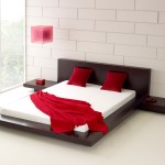 Bedroom,Cool Amazing White Tile Wall Bedroom Design Ideas With Charming Dark Brown Platform Bed On Combined Comfortable White Bed Sheet And Soft Red Pillows Plus Nice Red Blanket Also Cute Pink Square Hanging Lamp,Wide Range Of The Latest Modern Bedrooms