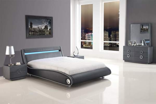 Bedroom,Charming Black White Themed Contemporary Bedroom Design Ideas With Comfortable Curve Low Profile Bed On Combined Black Leather Bed Frame And Cool Black Wood Nightstand Table Also Beautiful White Tiles,Relaxed Plan Contemporary Bedroom
