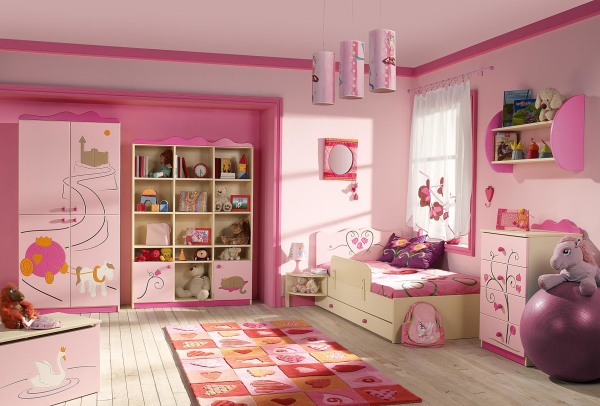 Bedroom,Cute Pink Themed Children Bedroom Design Inspiration With Amazing Corner Trundle Bed In Nice White Bed Frame And Pretty Pink Ornaments Closet Plus Wonderful White Wood Linen Floor Also Unique Three Pendant Lamp For Girls Bedroom,Cool Stylish With Themed Children Bedroom Designs