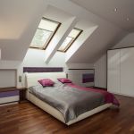 Bedroom,Contemporary White Wall Paint Bedroom Design Inspiration With Modern White Leather Bed Frame On Combined Nice Brown Wood Floor And Gorgeous White Wood Wardrobe Plus Adorable Industrial Floor Lamp Also Stunning Folding Attic Stairs,Wide Range Of The Latest Modern Bedrooms
