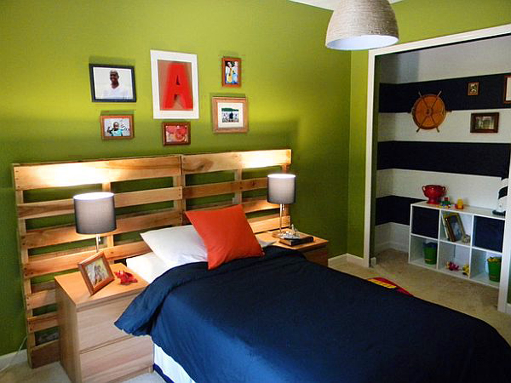Bedroom,Marvelous Teenage Bedroom Ideas Boy Design Inspiration With Rustic Bright Brown Wood Headboard And Wonderful Bright Brown Wood Nightstand Tables On Combined Beautiful White Drum Table Lamps Plus Comfortable Dark Blue Bed Cover Also Beautiful Green Wall Paint,Extraordinary Teenage Bedroom Ideas Boys For Modern Concept