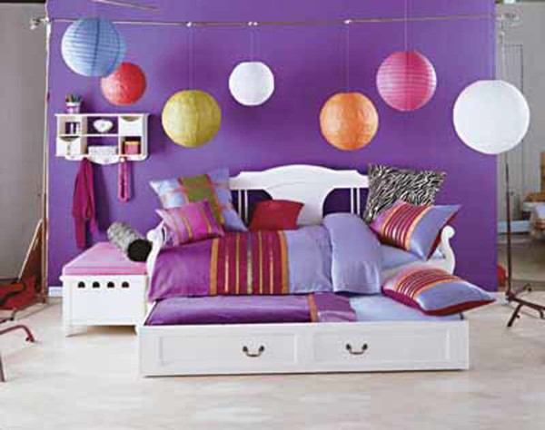 Bedroom,Amazing Purple Background Bedroom Themes For Teenager Design Inspiration With Beautiful Day Bed In Stylish White Wood Bed Frame And Comfortable White Wood Headboard Plus Nice White Ottoman On Combined Soft Pink Thick Padded Seat Also Gorgeous Multicolor Pendant Lamps,Cool Awesome Bedroom Themes For Teenagers Modern