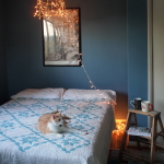 Bedroom,Dazzling Dark Blue Wall Paint Very Small Bedroom Design Ideas With Comfortable White Bed Cover On Combined Blue Pattern And Beautiful Pendant Lighting In Cream Color Also Gorgeous Picture Frame Plus Wonderful Wood Bedside Table ,Very Small Bedroom Design And Small Space