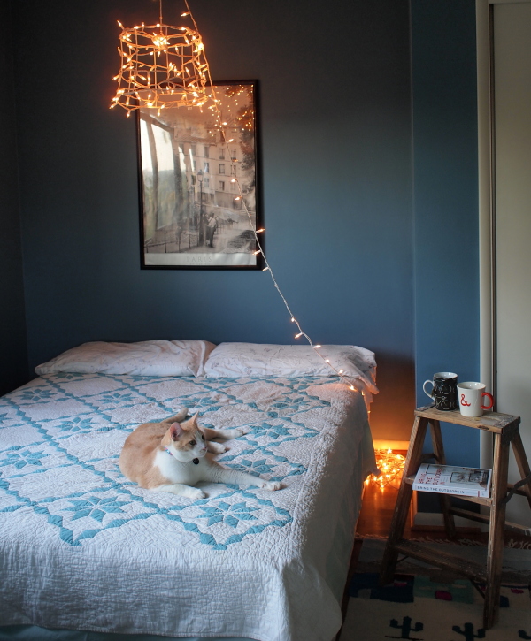 Bedroom,Dazzling Dark Blue Wall Paint Very Small Bedroom Design Ideas With Comfortable White Bed Cover On Combined Blue Pattern And Beautiful Pendant Lighting In Cream Color Also Gorgeous Picture Frame Plus Wonderful Wood Bedside Table ,Very Small Bedroom Design And Small Space