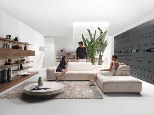 Furniture,The Best High Quality Sofa For Small Living Room Design Ideas With Modern White Leather Sectional Sofa And Beautiful White Round Tuscan Side Table On Combined Soft Gray Area Rug Also Cool Stylish Open Shelves ,The Most Convenient Sofas For Small Living Rooms
