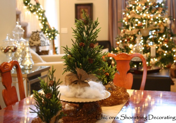 Dining Room,Chic Table Decoration For Christmas With Exquisite Brown Wood Dining Table And Beautiful Green Small Pine Christmas Trees Plus Soft Cream Run Table Cloth Also Nice Brown Wood Dining Chairs For Elegant Concept,Splendid Dining Table Decorations For Christmas
