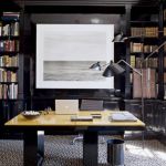 Furniture,Stylish And Dramatic Masculine Home Office Design For Two People With Unique Stand Lamp On Combined Soft Black White Great Rug Also Nice Yelow Black Great Desk Plus Charming Cupboard Books For Modern Concept,Comfortable Home Office Design For Two People 