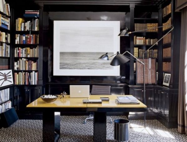 Furniture,Stylish And Dramatic Masculine Home Office Design For Two People With Unique Stand Lamp On Combined Soft Black White Great Rug Also Nice Yelow Black Great Desk Plus Charming Cupboard Books For Modern Concept,Comfortable Home Office Design For Two People 