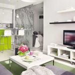 Apartments,Adorable White Wall Paint Apartment Ideas With Beautiful Open Plan Kitchen And Nice White Bar Stools Plus Wonderful White Wood Entertainment Center Also Cool White Square Table For Modern Concept,Comfort Studio For Contemporary Apartment Ideas