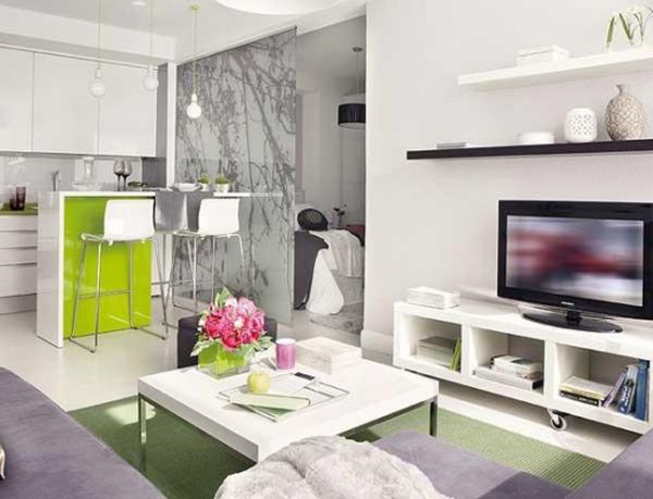 Apartments,Adorable White Wall Paint Apartment Ideas With Beautiful Open Plan Kitchen And Nice White Bar Stools Plus Wonderful White Wood Entertainment Center Also Cool White Square Table For Modern Concept,Comfort Studio For Contemporary Apartment Ideas