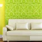 Furniture,Delightful Interior Design With Comfortable Broken White Leather Sleeper Sofa And Soft Cream Leather Cushions Plus Modern Three Floor Lamp On Combined Trendy Brown Wood Floor Also Beautiful Green Leaf Pattern Wallpaper,Cool Home Interior Designs Of 2015