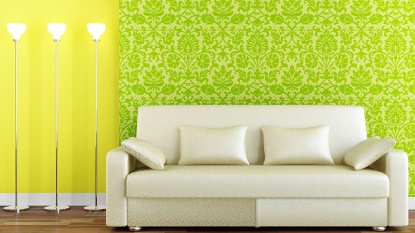 Furniture,Delightful Interior Design With Comfortable Broken White Leather Sleeper Sofa And Soft Cream Leather Cushions Plus Modern Three Floor Lamp On Combined Trendy Brown Wood Floor Also Beautiful Green Leaf Pattern Wallpaper,Cool Home Interior Designs Of 2015