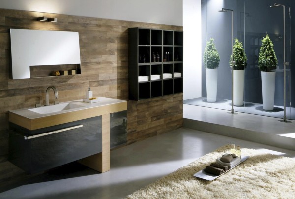 Bathroom,Enchanting Bathroom Ideas With Charming Floating Black Bathroom Vanity On Combined Stylish Undermount Trough Sink Bathroom Plus Wonderful Bathroom Single Handle Bathroom Faucet And Cool Floating Black Wood Shelf Also Soft Beige Fur Rug,Small Space With Contemporary Bathroom Ideas