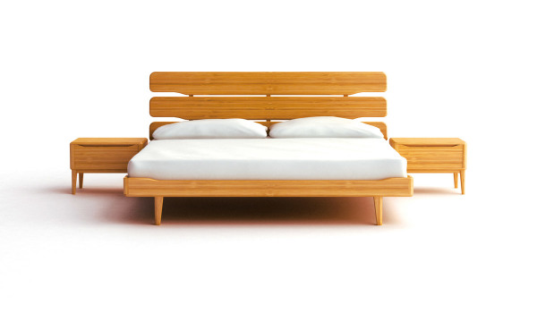 Bedroom,Adorable Bamboo Bed Design With Charming Platform Bed On Combined Soft White Mattress And Cozy Two White Cotton Pillow Also Cool Light Brown Nightstand Table,Modern Bamboo Bed Designs