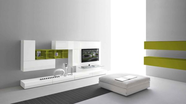 Furniture,Modern White Wall Paint And Minimalist Tv Wall Panel Design Ideas With Unique White Cabinet Also Comfortable White Cushion Ottoman,Modern Tv Wall Panel Designs