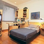 Bedroom,Small Creative Bedroom Design With Modern Black Leather Bed Frame On Combined Mattress And Comfortable Study Space Also Good Artwork,Modern Smart Bedroom Design To Comfort Sleeping