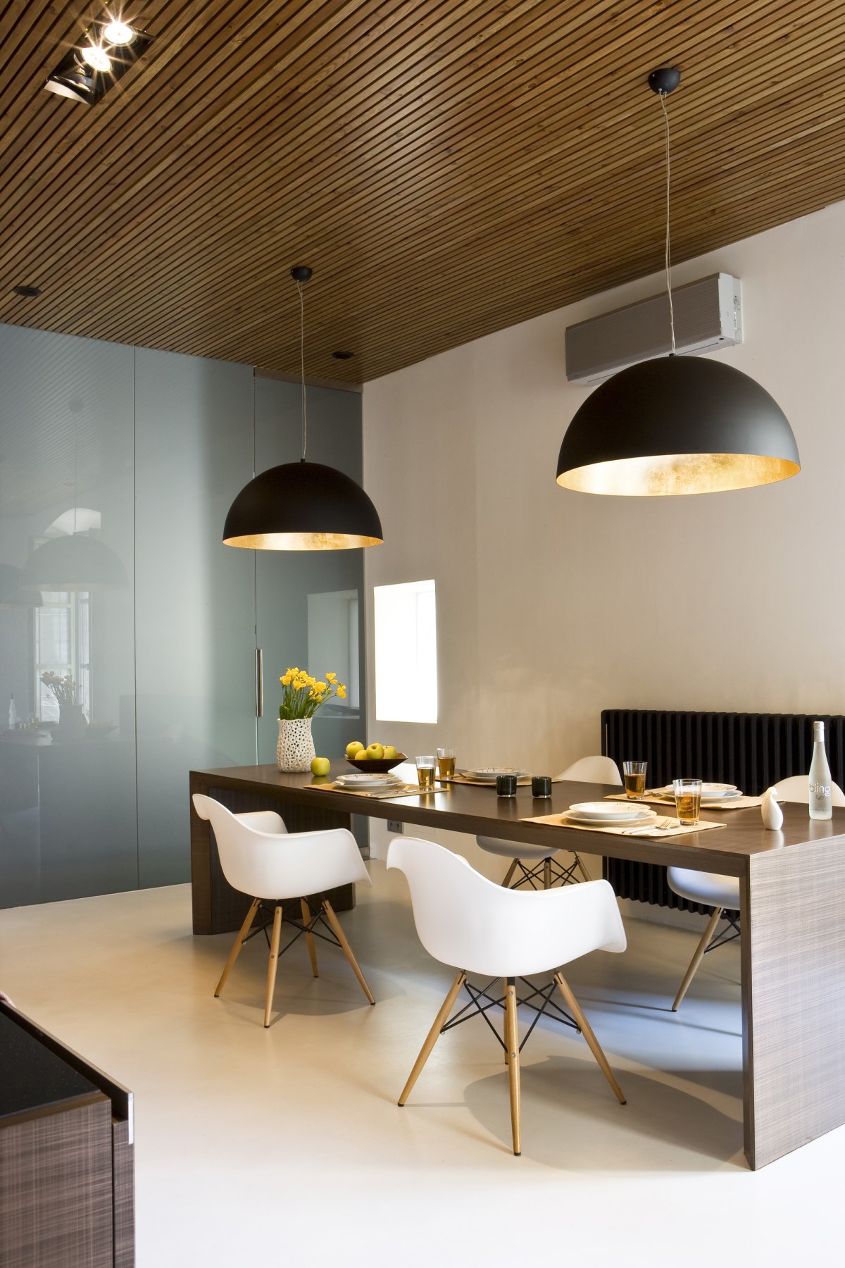 Furniture,Nice Looking Interior Design Architect With Charming Brown Rectangular Dining Table Plus Comfortable White Dining Chairs And Wonderful Black Oversized Pendant Lamps Also Picturesque White Wall Paint,Modern Interior Design Architects For Your Homes