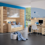 Bedroom,Fascinating Large Space Children Bedroom Design Inspiration With Beautiful Bright Brown Wood Study Table Plus Comfortable White Chair And Cool Bright Brown Wood Murphy Bed Plus Gorgeous Frosted Glass Door Floating Cabinet Also Contemporary Black Tile Floor,Cool Stylish With Themed Children Bedroom Designs