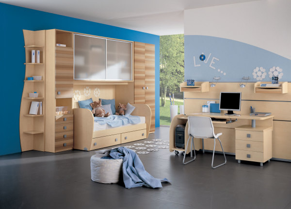 Bedroom,Fascinating Large Space Children Bedroom Design Inspiration With Beautiful Bright Brown Wood Study Table Plus Comfortable White Chair And Cool Bright Brown Wood Murphy Bed Plus Gorgeous Frosted Glass Door Floating Cabinet Also Contemporary Black Tile Floor,Cool Stylish With Themed Children Bedroom Designs