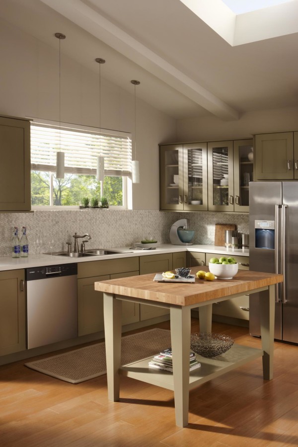 Furniture,Extraordinary White Wall Paint Design For Kitchen Island With Rustic Wooden Butcher Block Island Countertop Plus Wonderful Grey Base On Combined Nice Bright Brown Tile Floor And Exquisite Grey Wood Kitchen Cabinet Also Picturesque Three Hanging Lamp In Beautiful White Color,Simple But Impressive Designs For Kitchen Islands