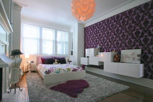 Bedroom,Extraordinary Large Space Design For Teenage Girl Bedroom With Awesome White Wood Bed Frame Plus Comfortable White Bed Sheet On Combined Cute Colorful Leaf Motif And Soft White Fur Rug Also Picturesque White Blinds,Modern Designs For Teenage Girls Bedrooms Latest