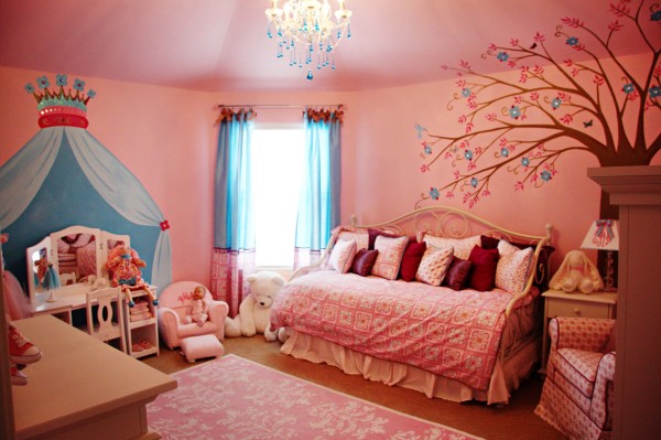 Bedroom,Impressive Pink Background Design For Teenage Girl Bedroom With Charming Day Bed In Stylish White Iron Bed Frame On Combined Comfortable Pink White Floral Ornament Bed Cover And Beautiful White Wood Vanity Table Plus Cute Small White Single Seater Sofa Also Gorgeous Corner Window,Modern Designs For Teenage Girls Bedrooms Latest