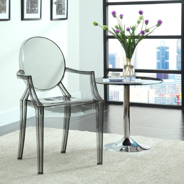 Furniture,Cool Amazing Ghost Chair Design Ideas With Beautiful Replica Philippe Starck Louis Ghost Armchair And Modern Chrome Round Table On Combined Beautiful Glass Pot Flower Also Nice Cream Rug Plus Gorgeous White Wall Paint,Best Ghost Chairs Design To Your Home Furniture