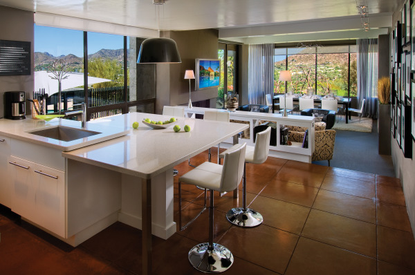 Furniture,Modern Open Kitchen Floor Plan Design Ideas With Beautiful Sleek Dining Table Plus Luxurious White Bar Stools In White Color And Nice Black Over Drum Pendant Lamp Also Comfortable Living Room ,Awesome Open Kitchen Floor Plans Design